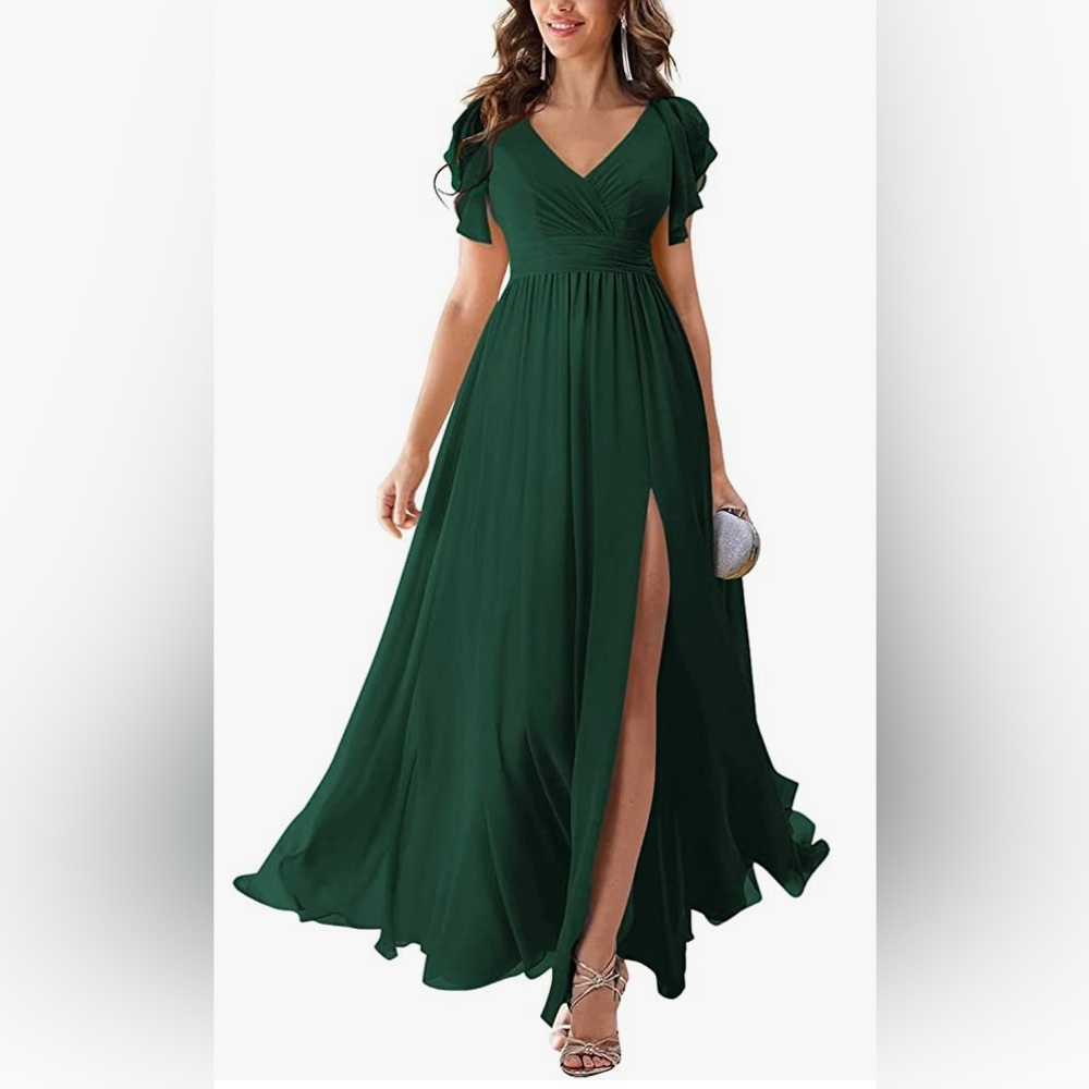 Long Bridesmaid Dress, Chiffon, V-Neck, Ruffle, emerald Maxi Formal Dress